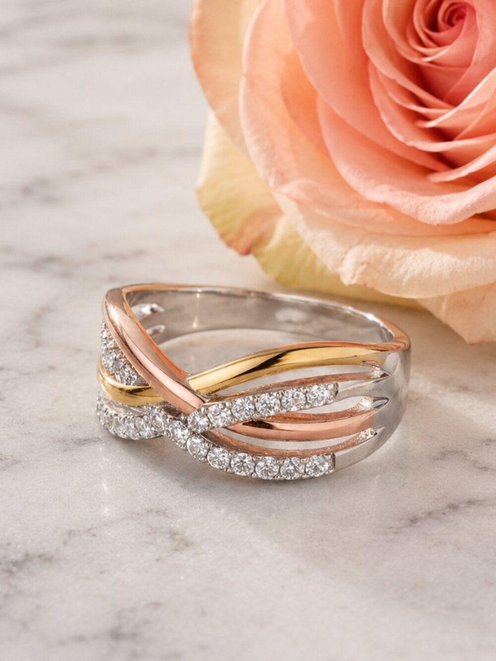 Sterling Silver 925 Tricolor Infinity Crossover CZ Ring Rose Gold Dainty Sz 7